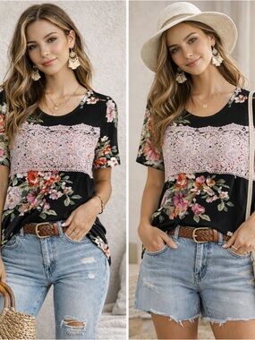 ODDY Black Floral Short Sleeve Top with Pink Lace Panel